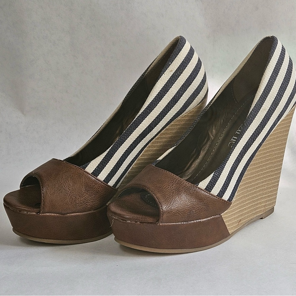 Charming Charlie Brown and Blue Wedges with Nautical Stripes